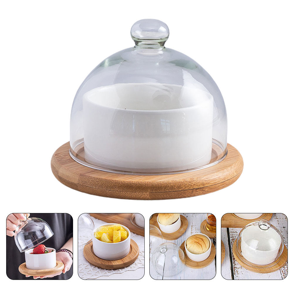 Plastic Dome Clear - ชุดชามสลัดเซรามิกพร้อมฝาครอบแก้วใส ถาดไม้ธรรมชาติ จานเสิร์ฟสำหรับงานเลี้ยงอาหารค่ำระดับพรีเมียม เหมาะสำหรับใส่ผักและของหวาน